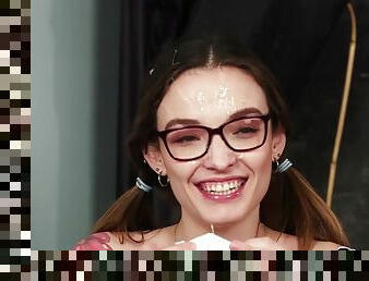 nerd teen Kylie Nymphette gets facial over her glasses