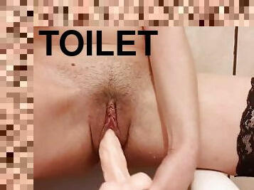 Toilet Masturbation, Pissing Pussy Close Up, BIG DILDO, Golden Shower, Spy Toilet