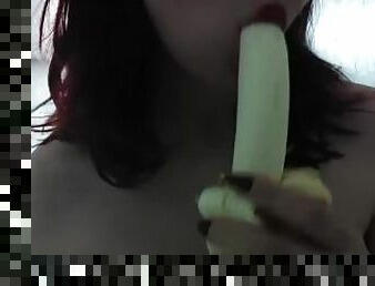 Luxurious Lucifoneyer girl sucks a banana and dreams of your cock