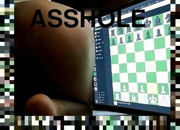 Slutty lingerie sissy in chastity playing chess online while her fucking machine pounds her boipussy