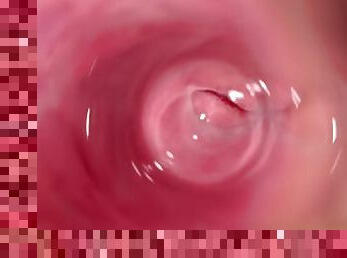 Camera deep inside Mia's teen creamy pussy, Transparent dildo fuck