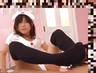 Nurse in sexy uniform grants male soft Japanese foot fetish and sex