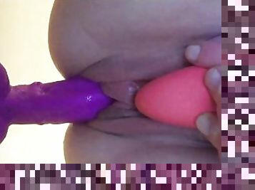 Dirty girl rides suction dildo until orgasms and squirts for the first time