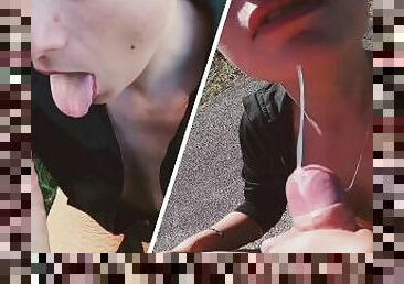 Salope francaise suce la bite, et parle comme une chienne dans les bois , jaculation sur les seins