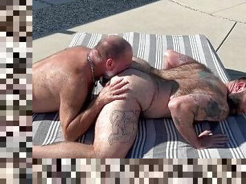 Two Extremely Hairy Mature Bear Dads Rim and Fuck Bareback Outside In Palm Springs