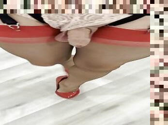 Walking high heels with a dick out