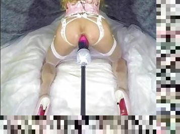 sissy princess crossdresser in white lingerie fucked by giant dildo