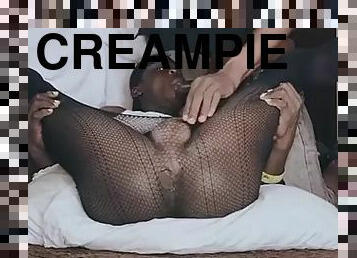 Femboy fucked to a creampie in fishnet