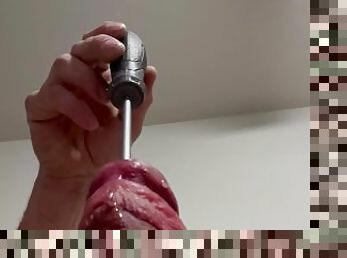 Inserting screwdriver in my big white cocks urethra