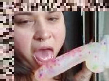 Bbw sucks dildo