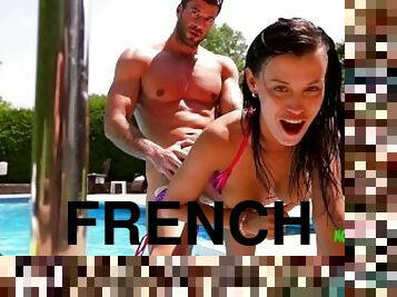 Smoking hot French couple Amy and big dick muscled Jack have a hot outdoor fuck by the pool