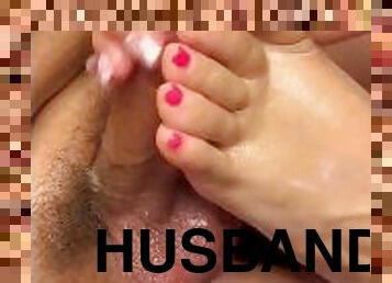My husband massage my foot and i footjob on his cock