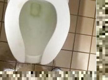 Running to loud public restroom desperate not to wet myself HUGE relief moaning piss on seat mess