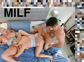 Nasty MILFs Kaden Kole and Ryan Keely share rock hard cock in bed
