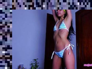Petite Latina Bikini Fitness Girl Home Workout! Kinks: Tan, Skinny, Teen, Brunette, Ass, voyeur