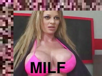 MILF with big silicone breasts starts teaching about big silicone jugs and gets anal sex
