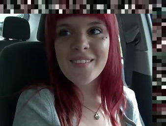 Redhead emo showing boobs in the car