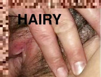 Teasing her hairy pussy with my uncut cock in SLOWMO