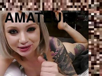 Tattooed amateur babe with deep throat sucks and rides cock in POV