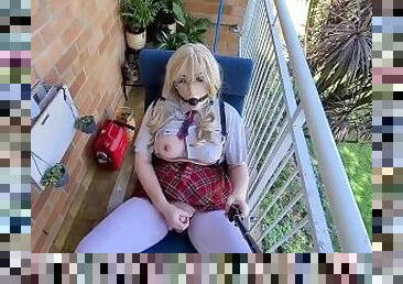 Sissy schoolgirl bdsm balcony play and pissing teaser