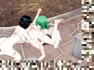 Threesome with the sisters Fubuki and Tatsumaki in their swimsuits in the sauna