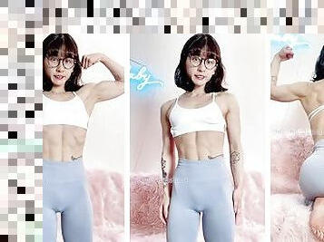 Adorable petite and nerdy Asian muscle girl flexes for you in leggings