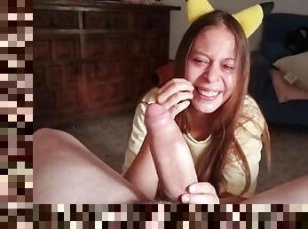 She wears a pickachu cosplay and sucks a cock