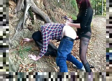 Dominatrix Nika Fucked Her Slave In The Ass In The Park Without Lube. Pegging In Public Doggy Style