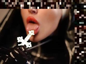 A hot nun in a latex suit slapped her big ass for her sins  Full HD