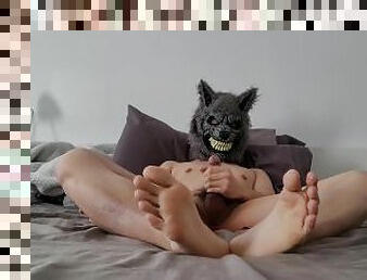 Uncut: Wolf Mask and Jerking Off, Showing Feet, and Cumming on a Good Morning