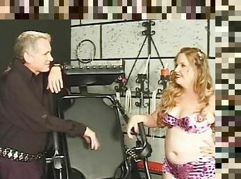 Blonde MILF gets her big lactating tits slapped by older guy