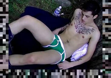 Outdoor masturbation with a small tattooed twink solo