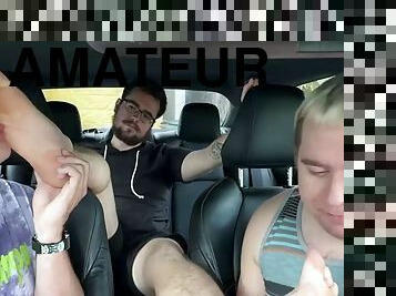 Car ride turns into threesome with foot licking and worship