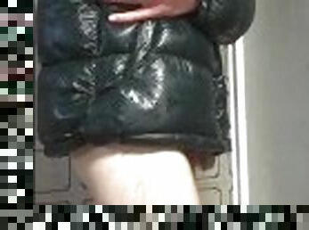 Shower in down jacket dirty of sperm, lubrificant and piss