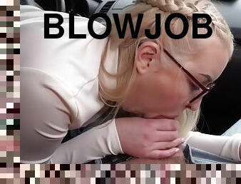 Driving nerdy blonde spoon fucked by her tutor after blowjob