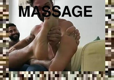 Bearded hunks massage each others feet while jerking off