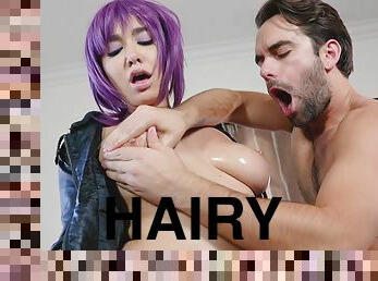 Hairy bitch in purple wig takes Logan's cock doggystyle