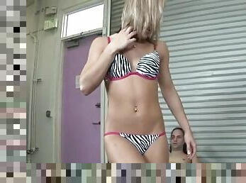 Femdom blonde tugs on loser dick