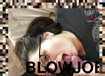 Nerdy Girl Gives Blowjob, Gets Fucked And Likes To Taste Cum