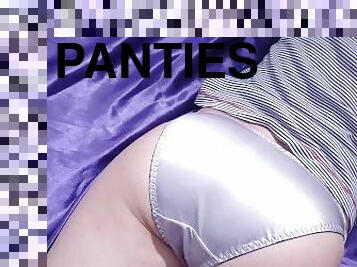 Showing my silky satin panties under my leggings to get warm cum over it
