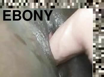 EBONY TEEN MASTURBATES WITH LONG WHITE DILDO