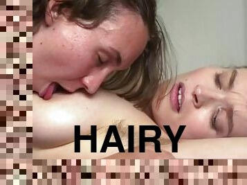 Sexy hairy lesbians lick each other during massage