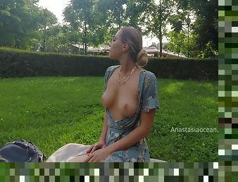 Woman Relaxing In Park. Flashing Beautiful Tits 6 Min