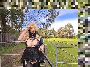 Goth whore showing off on the side of a busy road and on a golf course