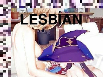 arnés, lesbiana, hentai, 3d