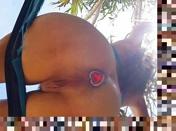 Pussy Show at Surfers Beach # Butt Plug flashing in Hammock