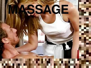 Beautiful masseuse riding her clients hard cock