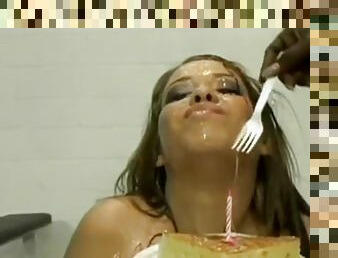 Nasty slut gets a bukkake for her birthday