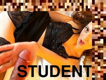 PRECUM LOVER Hot Tight Pussy Erasmus College Student hot brunette gives a great handjob precum play