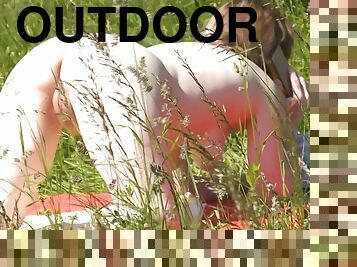 Outside. Wild Beach. Random Passerby Man By River Saw Naked Woman Sunbathing. Outdoor. Nudist